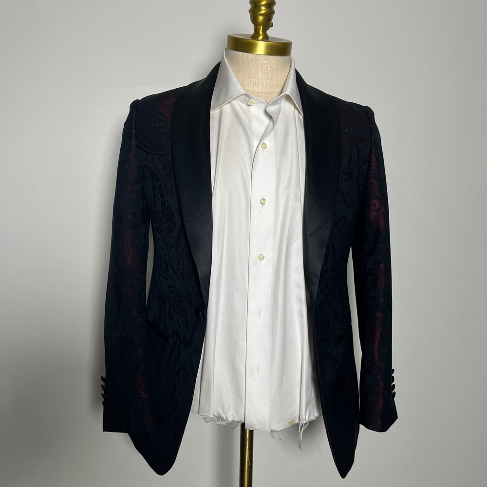 After Hours Tuxedo Jacket Mens 36S Black Burgundy Paisley Shawl Lapel Slim Fit